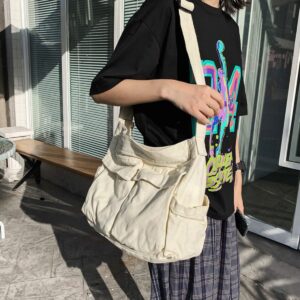 GAXOS Aesthetic Cute Messenger Bag for School Vintage White Canvas Crossbody for Women Shoulder Laptop Bag