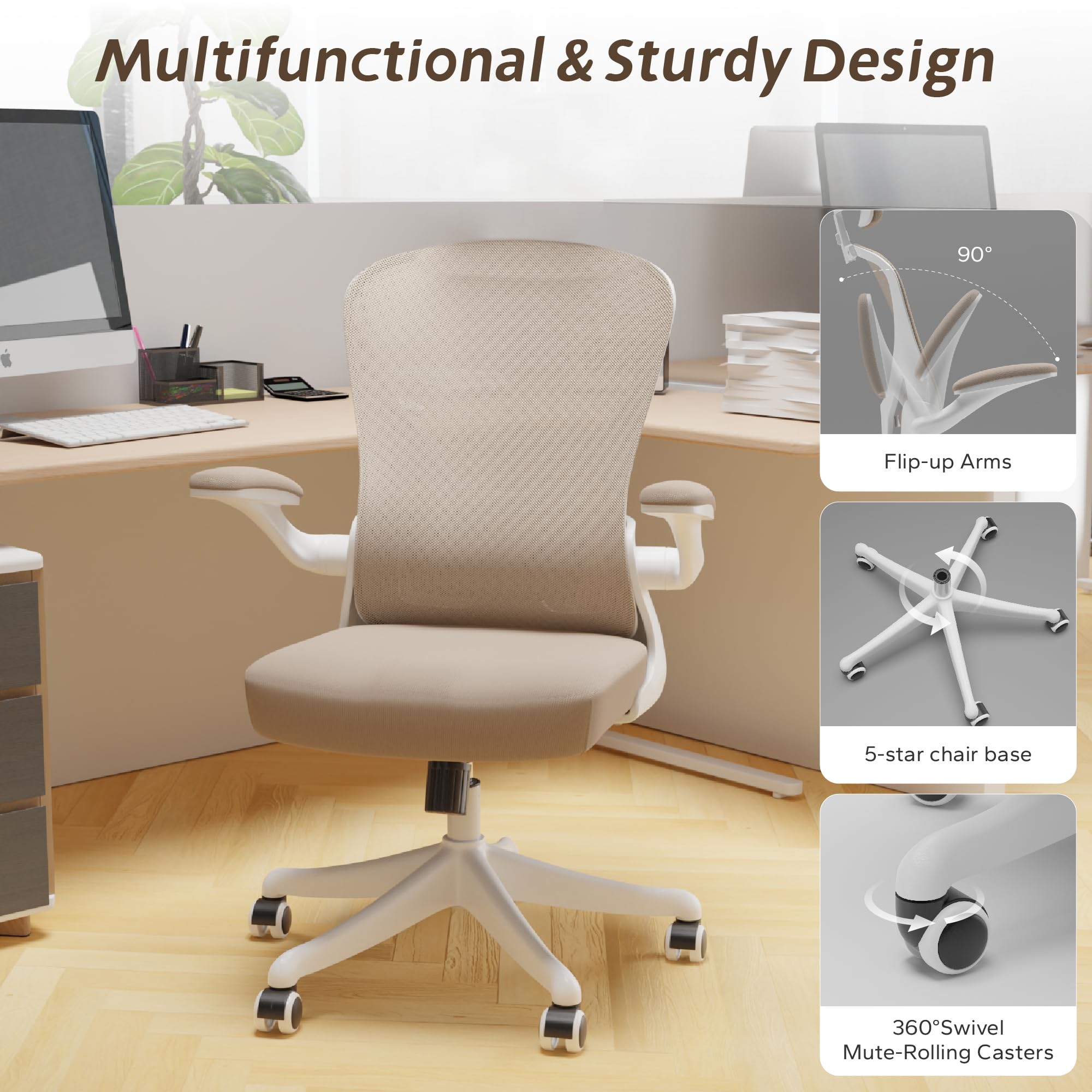 SICHY AGE Mid Back Ergonomic Chair For Computer Home Desk with Flip-Armrest & Cushion for Lumbar Support, Thickened Cushion Desk Chairs Khaki