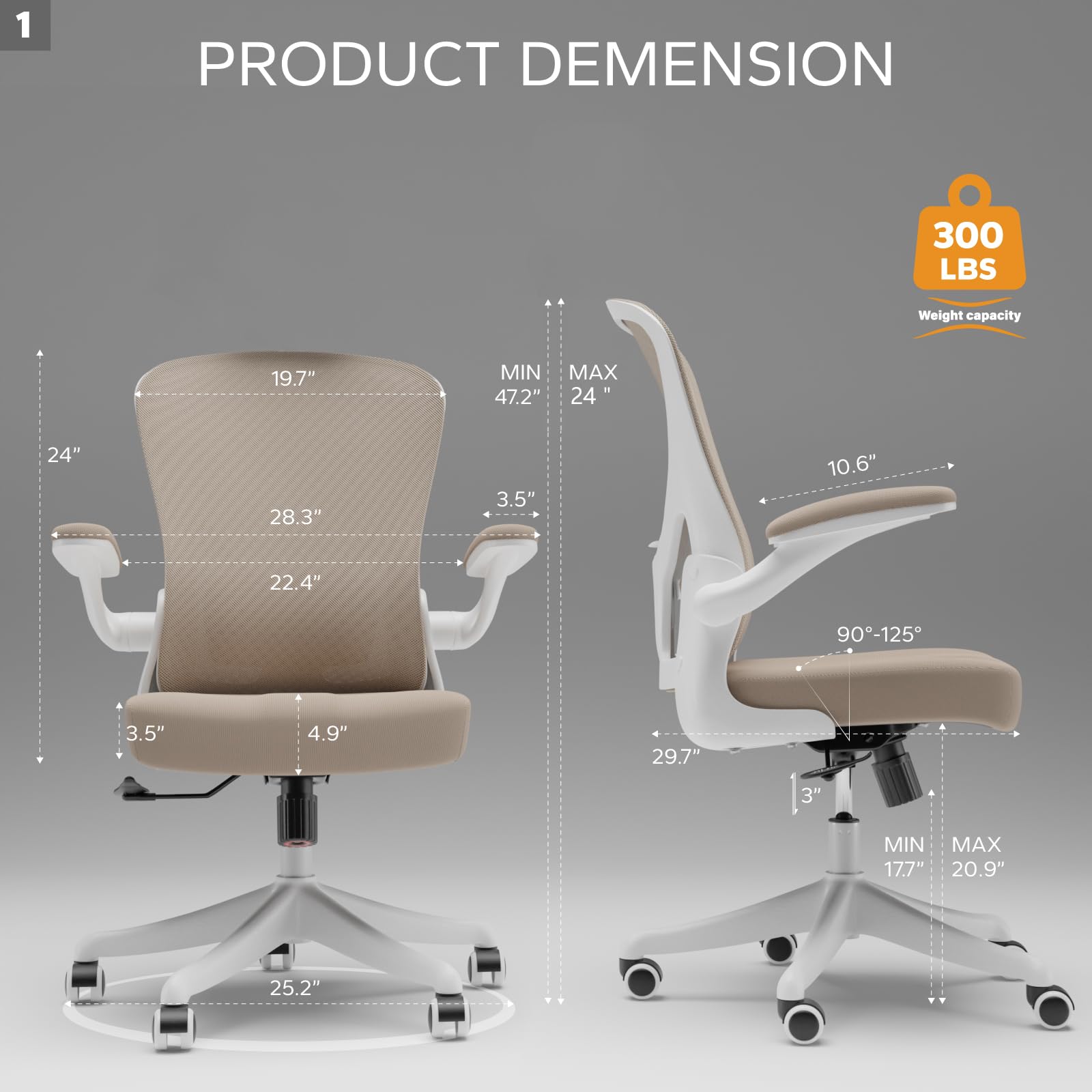 SICHY AGE Mid Back Ergonomic Chair For Computer Home Desk with Flip-Armrest & Cushion for Lumbar Support, Thickened Cushion Desk Chairs Khaki