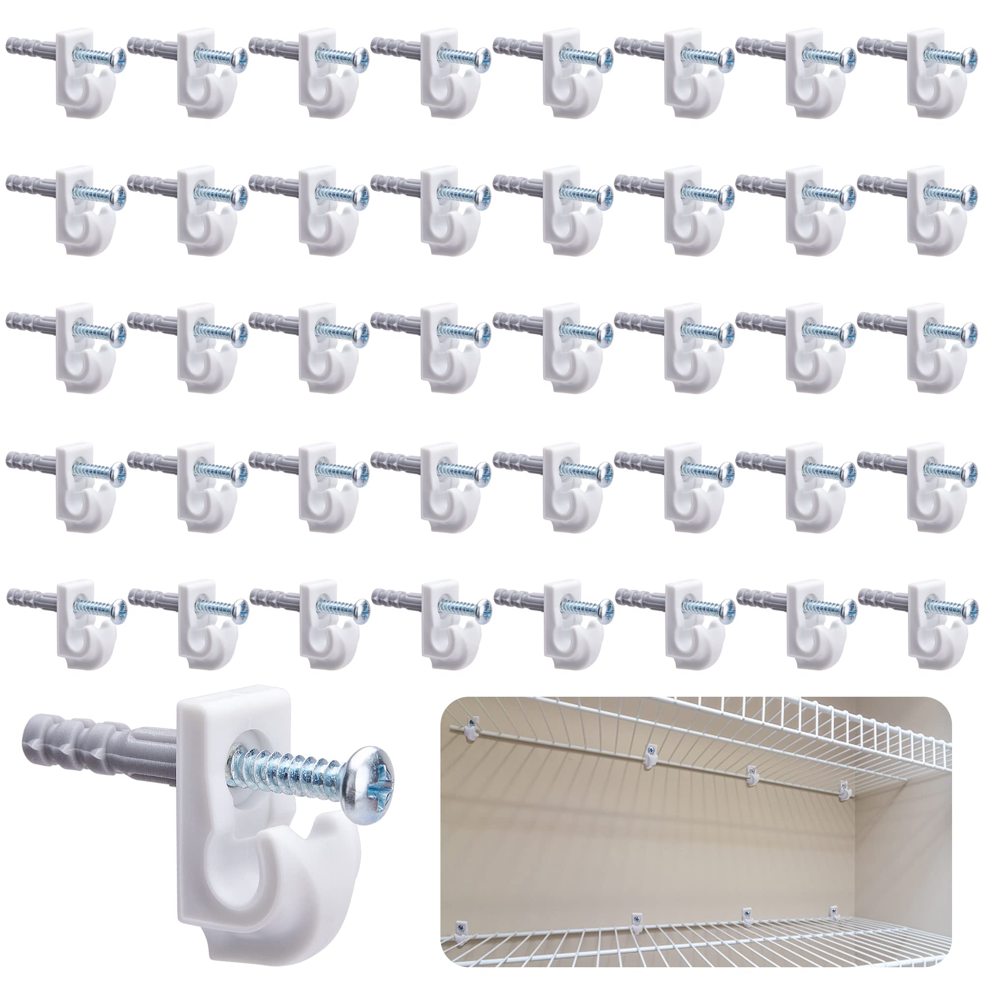 40 Pcs White Down Wall Clips- Wire Shelf Brackets Loop Clips- Closet Maid Support Brackets- Plastic Closet Shelves Clips Screws and Expansion Tubes for Wire Shelving