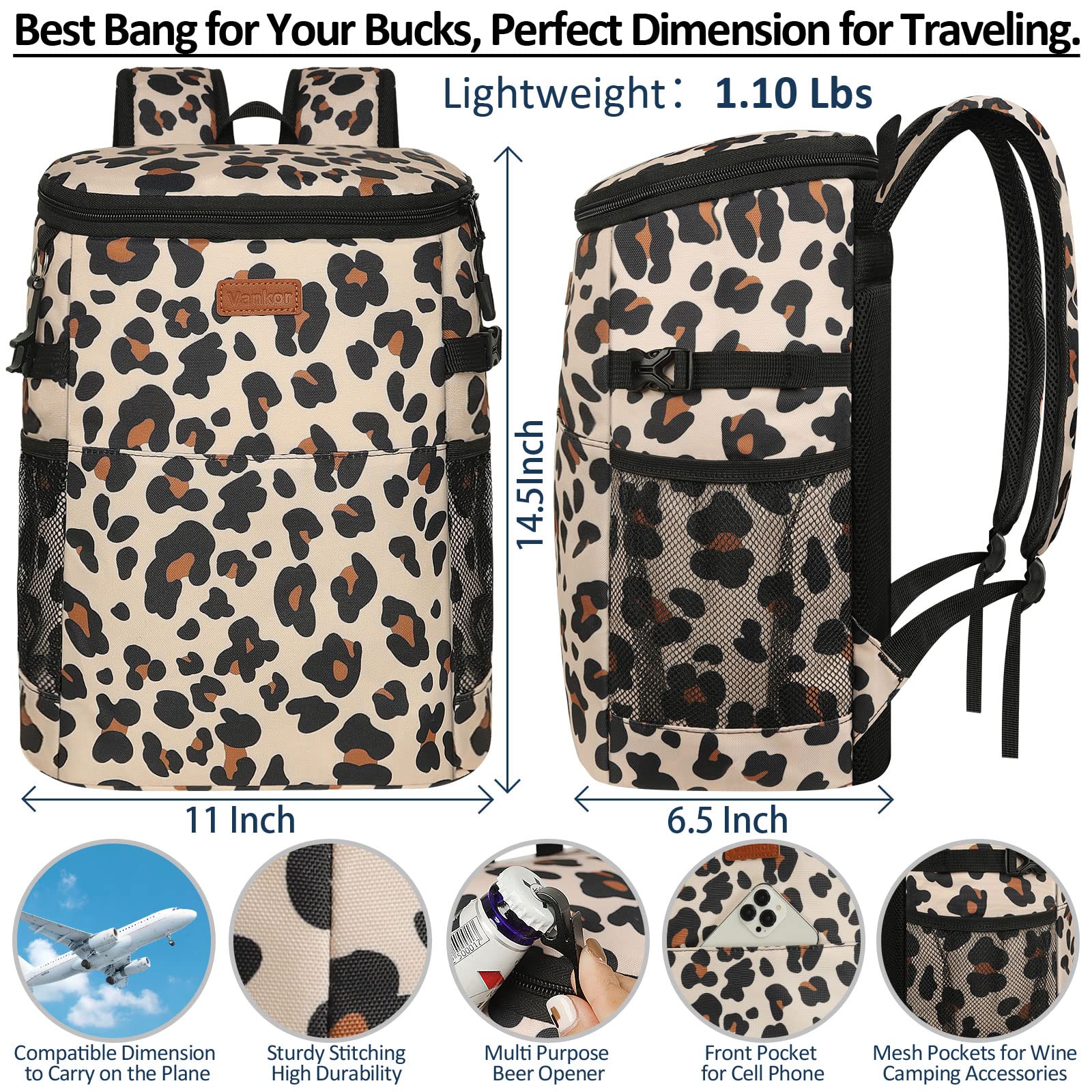 Camping Cooler Backpack 30 Cans, Soft Backpack Coolers Insulated Leak Proof Travel Cooler Bag Waterproof Lunch Picnic Beach Work Trip Thermal Bag Drink Beverage Beer Bag Cooler Leopard Print