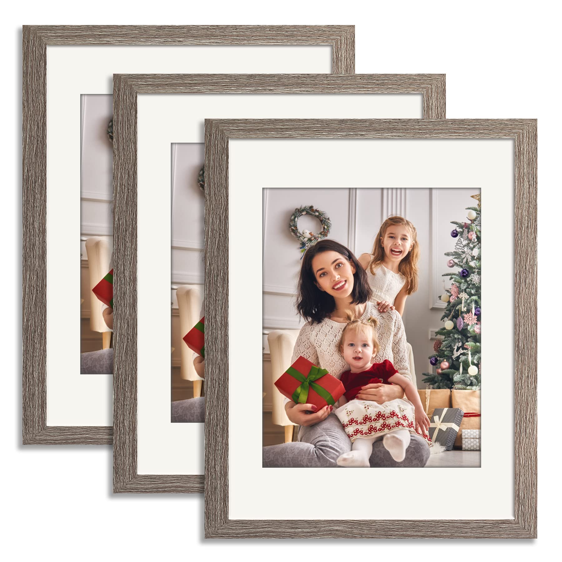 YK artwood 11x14 Picture Frame Set of 3 Gray, Made of Solid Wood 8x10 with Mat or 11x14 Without Mat, Wall Mounting Photo Frames With Plexiglass for Wall or Tabletop Display