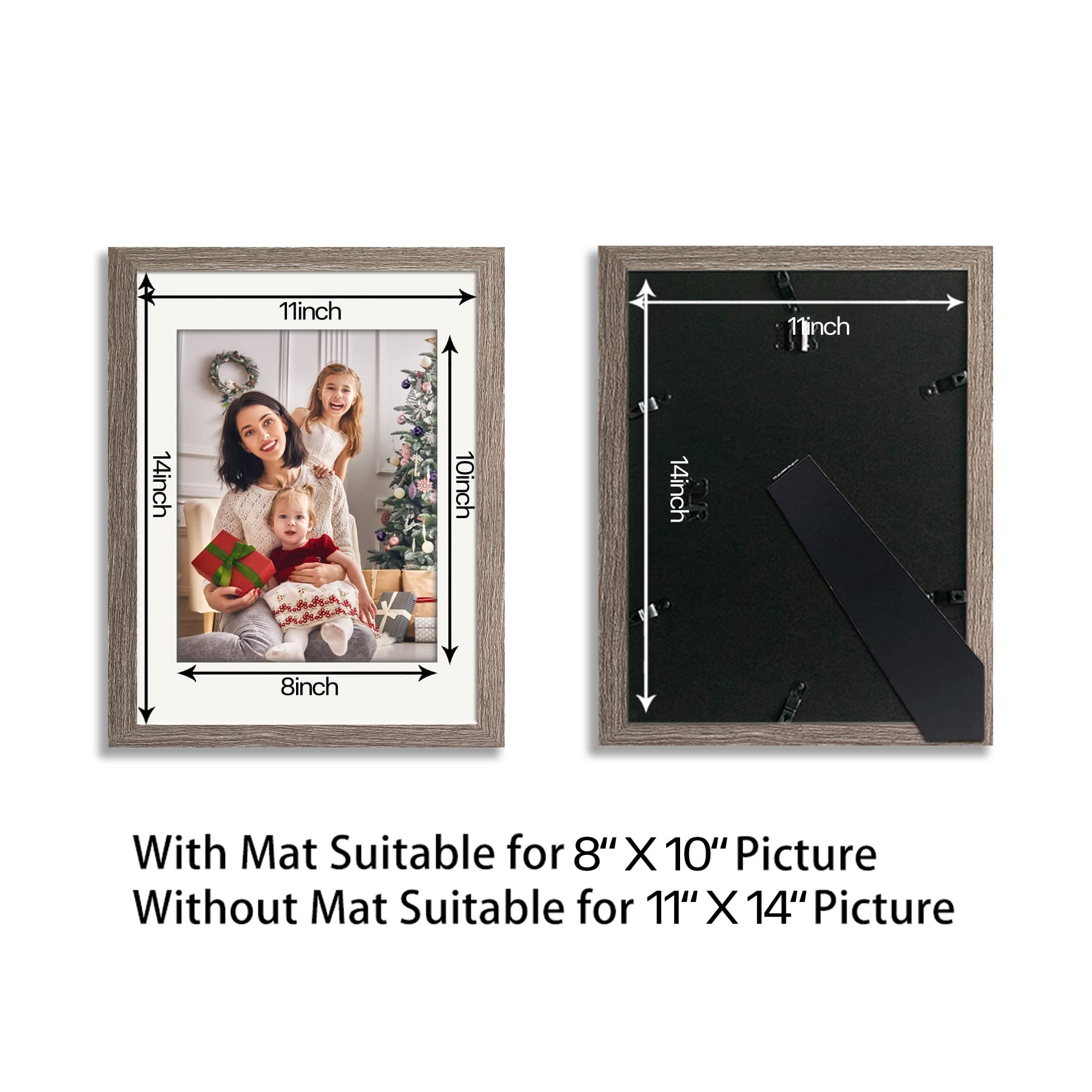 YK artwood 11x14 Picture Frame Set of 3 Gray, Made of Solid Wood 8x10 with Mat or 11x14 Without Mat, Wall Mounting Photo Frames With Plexiglass for Wall or Tabletop Display