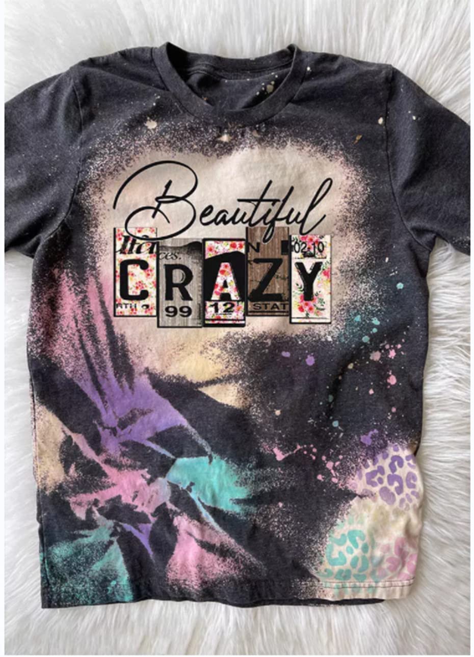 Beautiful Crazy Leopard Bleached T-Shirt Women Western Country Music Shirt Vintage Graphic Country Concert Tee Tops (Gray XL)