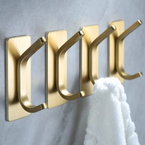 YIGII Towel Hooks/Adhesive Hooks - Brushed Gold Wall Hooks for Hanging Coat, Hat, Towel Robe Hook, Bathroom and Bedroom 4-Packs, Stainless Steel