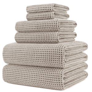 polyte oversize, 60 x 30 in., quick dry lint free microfiber bath towel set, 6 piece (beige, waffle weave)