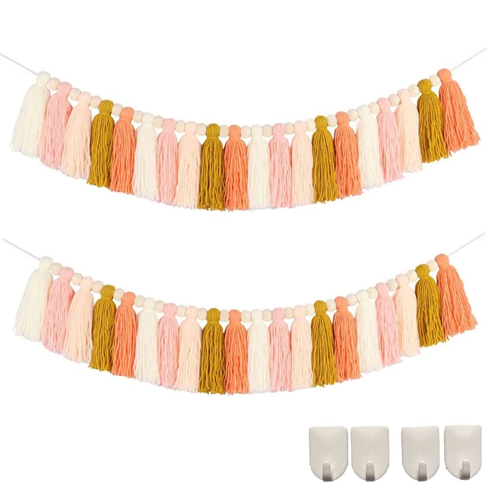 NYEBS 2PCS Tassel Garland Colorful Banner Garland Wood Beads Boho Girl Bedroom Wall Classroom Office Kids Room Birthday Party Baby Shower Decor (41.7" x 5.1")