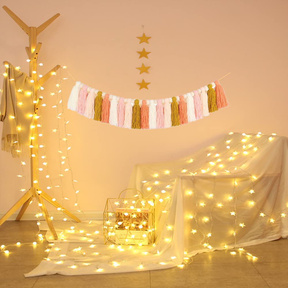 NYEBS 2PCS Tassel Garland Colorful Banner Garland Wood Beads Boho Girl Bedroom Wall Classroom Office Kids Room Birthday Party Baby Shower Decor (41.7" x 5.1")