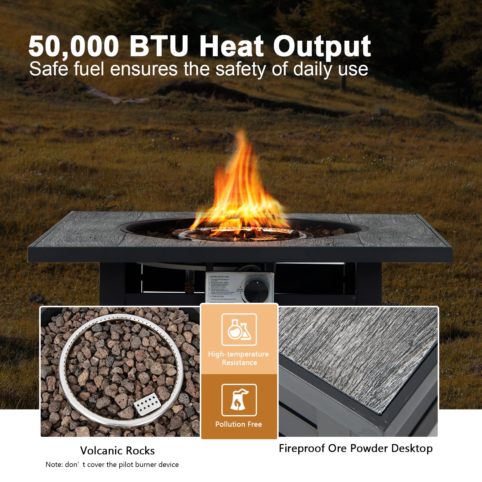 Happygrill 50,000 BTU Fire Pit Table Outdoor Auto-Ignition Propane Firepit Table, 32” Square Firepit with Waterproof Cover Lava Rocks for Patio Backyard Balcony