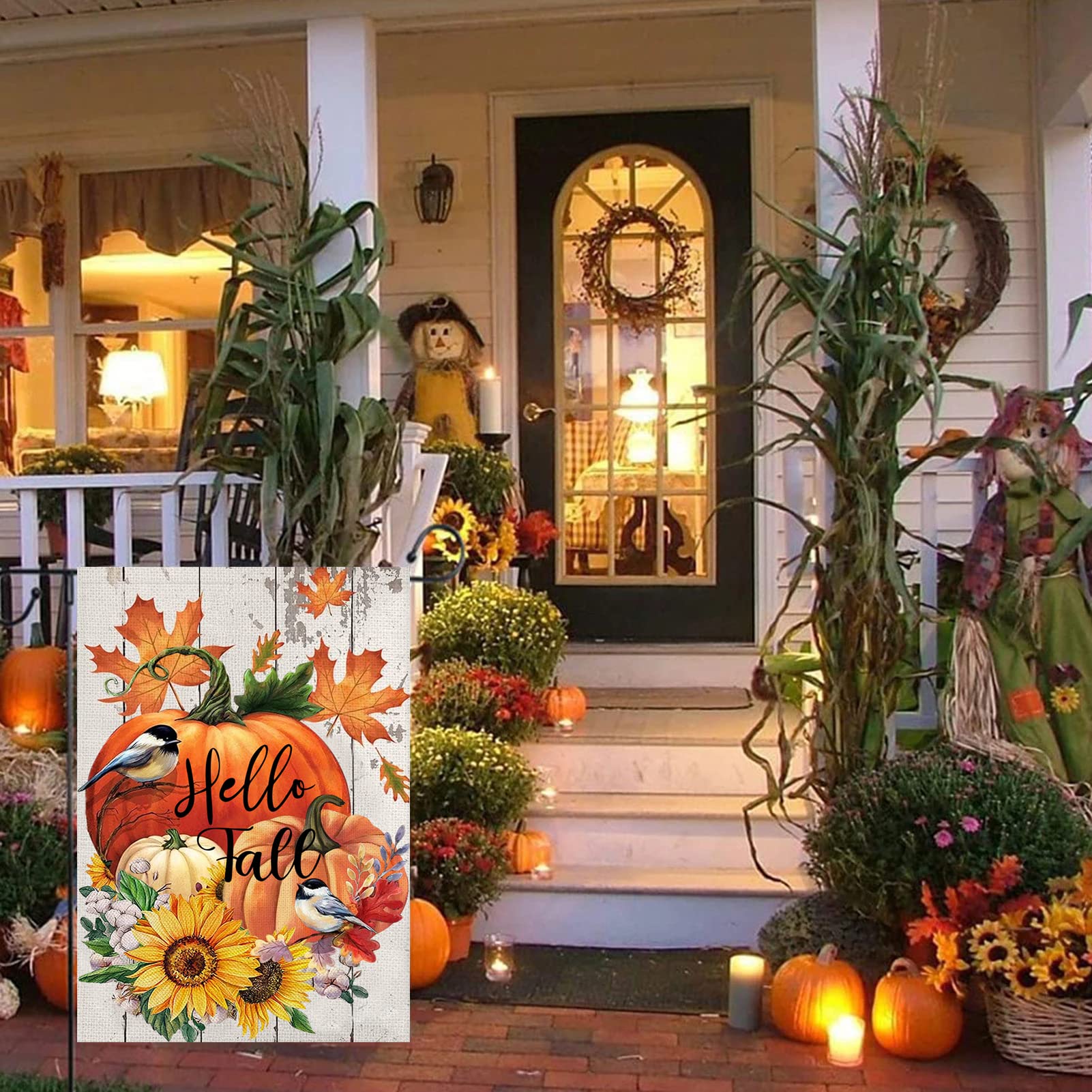 Hello Fall Garden Flags 12x18 Double Sided,Thanksgiving Pumpkin Garden Flag,Sunflower Small Yard Flags for Outside,Autumn Outdoor Decorations for Home