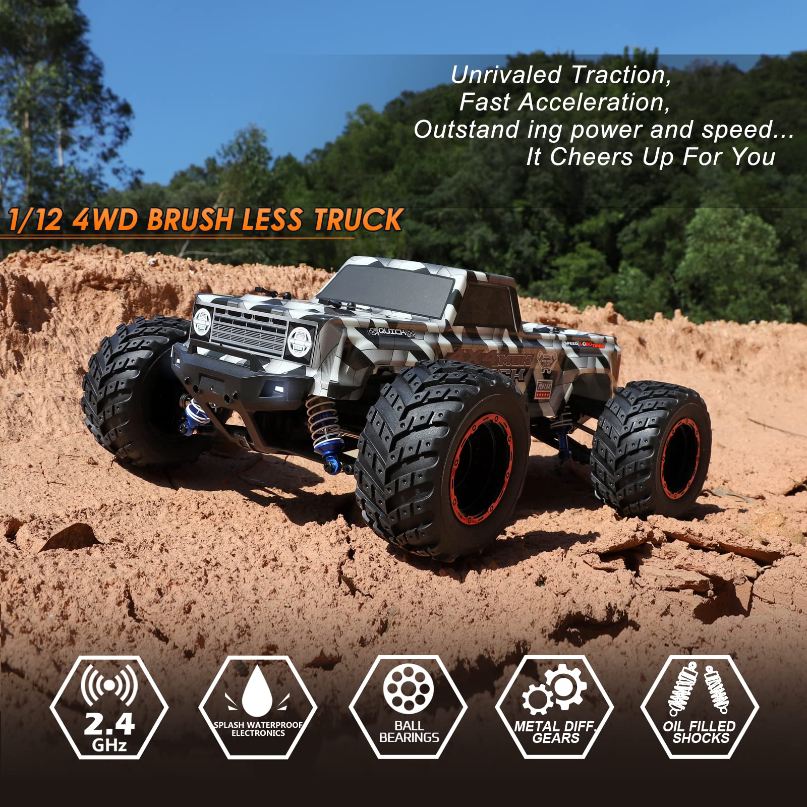 HAIBOXING 1/12 Scale Brushless RC Cars 903A, 4X4 Off-Road RC Monster Truck with Fast Remote Control of 55KM/H Top Speed, Hobby Grade RTR RC Vehicles All Terrain for Adults, Boys