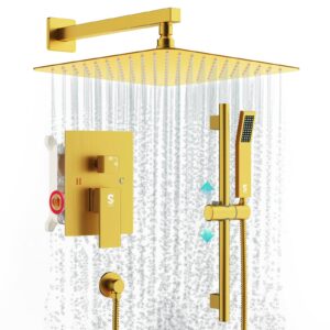 sr sun rise 12 inch brushed gold shower faucet set, wall-mount adjustable 16-inch slide bar with square hand shower system included valve and trim kit