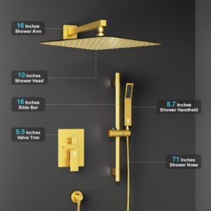 SR SUN RISE 12 Inch Brushed Gold Shower Faucet Set, Wall-Mount Adjustable 16-Inch Slide Bar with Square Hand Shower System Included Valve and Trim Kit