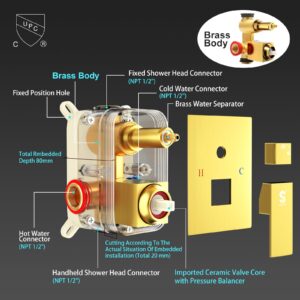 SR SUN RISE 12 Inch Brushed Gold Shower Faucet Set, Wall-Mount Adjustable 16-Inch Slide Bar with Square Hand Shower System Included Valve and Trim Kit