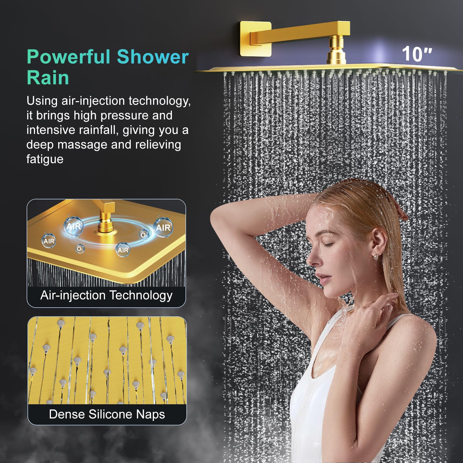 SR SUN RISE 12 Inch Brushed Gold Shower Faucet Set, Wall-Mount Adjustable 16-Inch Slide Bar with Square Hand Shower System Included Valve and Trim Kit