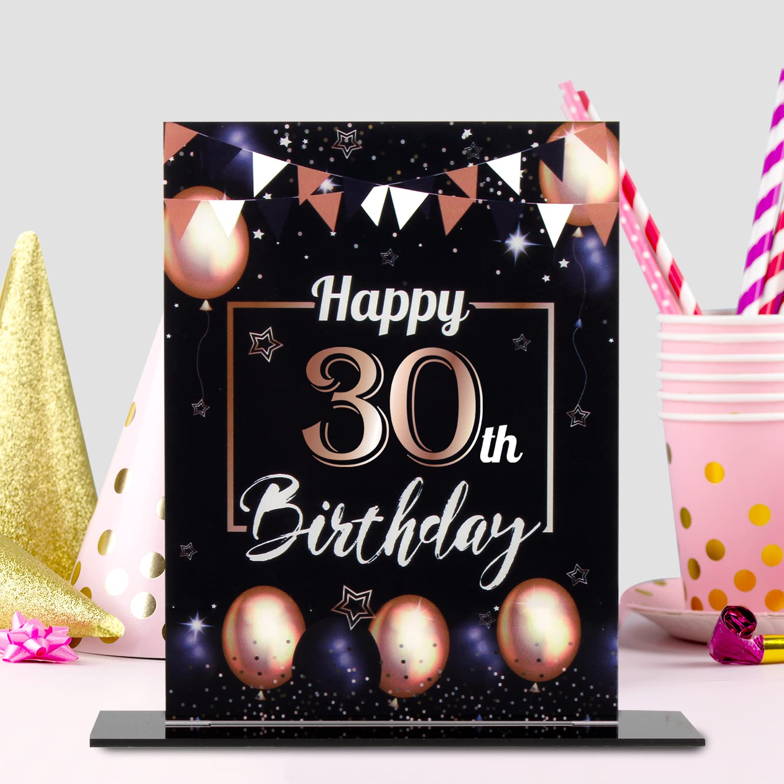 LINGTEER Happy 30th Birthday Black & Gold Balloon Acrylic Table Poster Centerpieces - 2 Pack of Birthday Table Topper,Cheers to Thirty Years Old Bday Party Decorations.