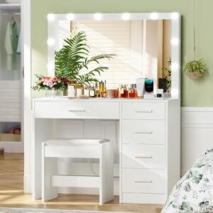 usikey Makeup Vanity with 12 Lights, Vanity Desk with Power Outlet, Makeup Vanity Table with 5 Drawers, Large Mirror, Dressing Vanity Table with Stool for Bedroom, Bathroom, White