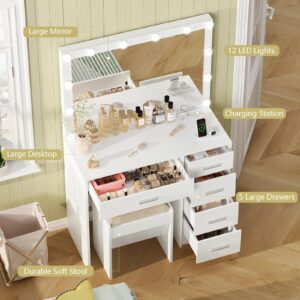 usikey Makeup Vanity with 12 Lights, Vanity Desk with Power Outlet, Makeup Vanity Table with 5 Drawers, Large Mirror, Dressing Vanity Table with Stool for Bedroom, Bathroom, White