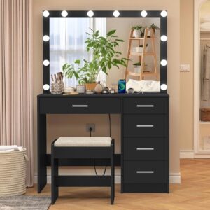 usikey Makeup Vanity with 12 Lights, Vanity Desk with Power Outlet, Makeup Vanity Table with 5 Drawers, Large Mirror, Dressing Vanity Table with Stool for Bedroom, Bathroom, Black