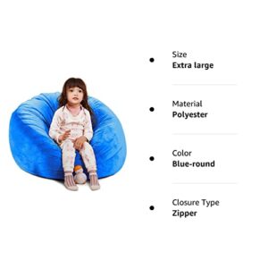 Bean Bag Chair Cover, Stuffed Animal Storage, Plush Toys Organizer Holder, Beanbag Chairs Cover for Kids Teans and Adults Super Soft and Comfortable Fabric X-Large with Handle and Zipper -Round Blue