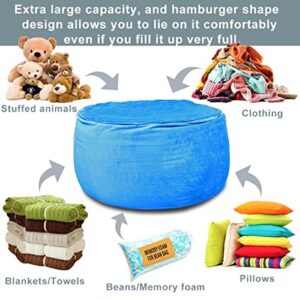 Bean Bag Chair Cover, Stuffed Animal Storage, Plush Toys Organizer Holder, Beanbag Chairs Cover for Kids Teans and Adults Super Soft and Comfortable Fabric X-Large with Handle and Zipper -Round Blue