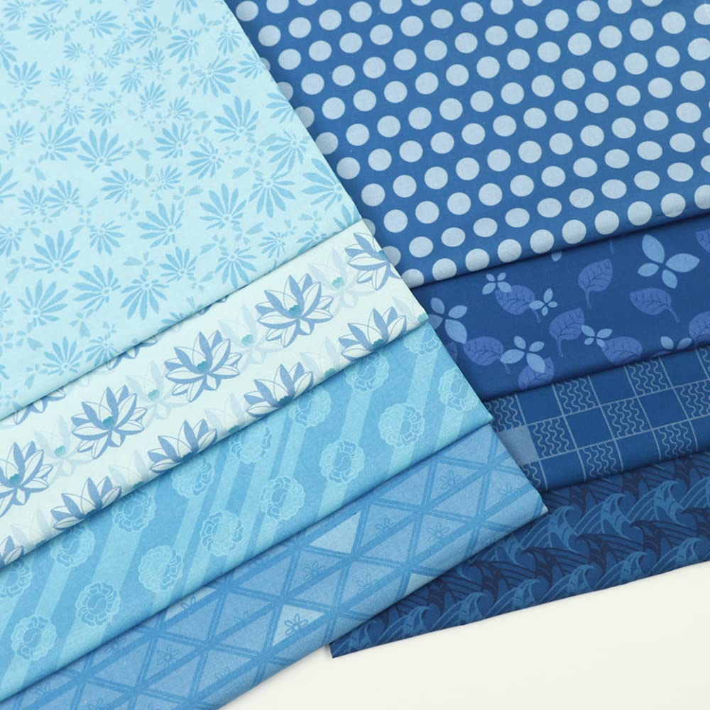 Chuanshui 8 PCS 21.6 x 18.5 inches (55 x 47 CM) 100% Cotton Craft Fabric Bundle for Patchwork 8 Different Pattern Pre-Cut Quilting Fabric Fat Quarter Square for DIY Craft Sewing (Blue Pattern)