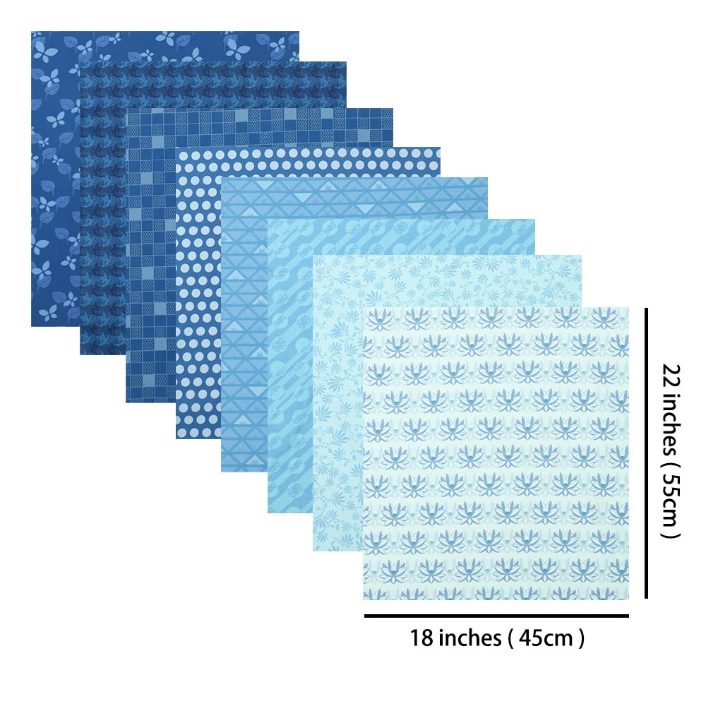 Chuanshui 8 PCS 21.6 x 18.5 inches (55 x 47 CM) 100% Cotton Craft Fabric Bundle for Patchwork 8 Different Pattern Pre-Cut Quilting Fabric Fat Quarter Square for DIY Craft Sewing (Blue Pattern)