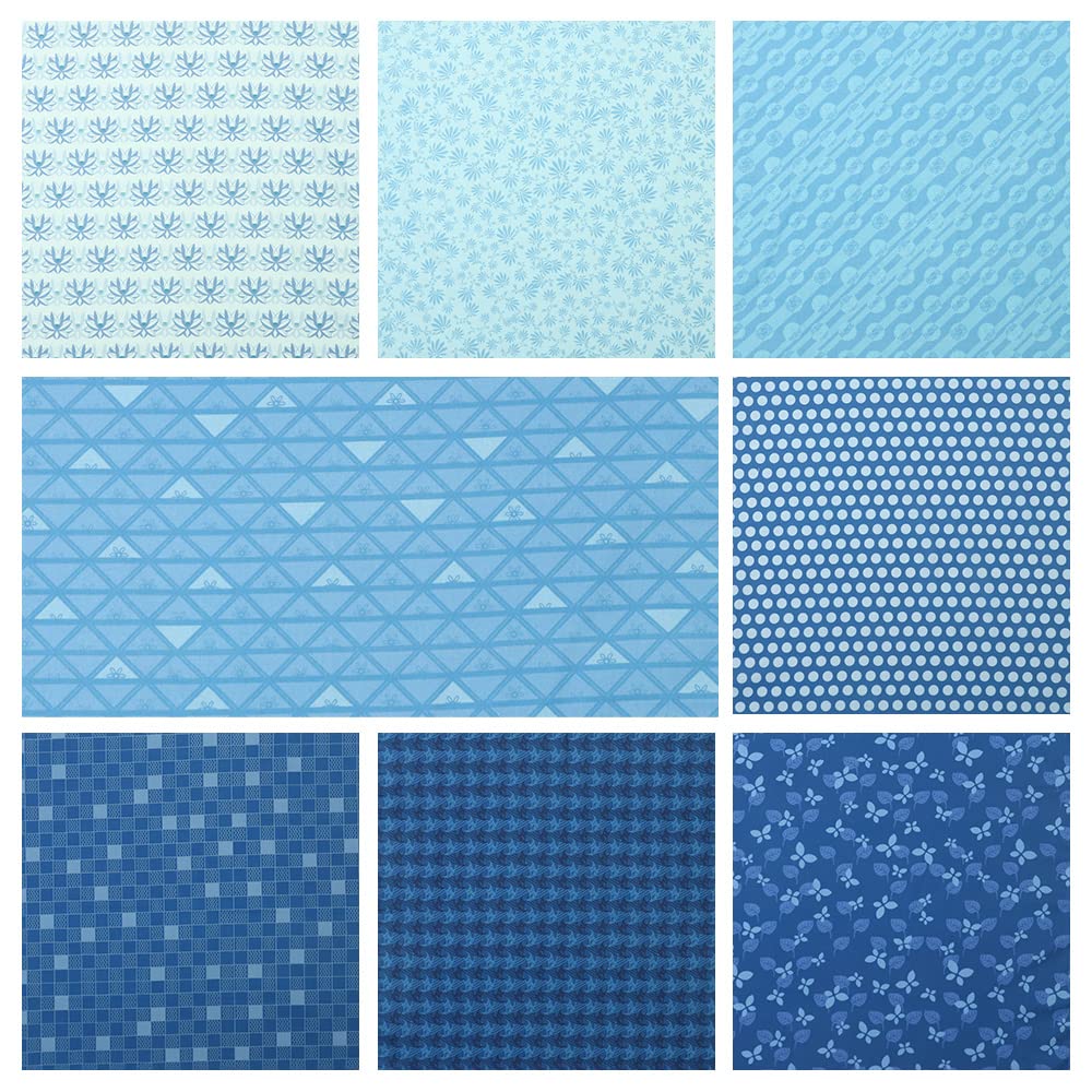 Chuanshui 8 PCS 21.6 x 18.5 inches (55 x 47 CM) 100% Cotton Craft Fabric Bundle for Patchwork 8 Different Pattern Pre-Cut Quilting Fabric Fat Quarter Square for DIY Craft Sewing (Blue Pattern)