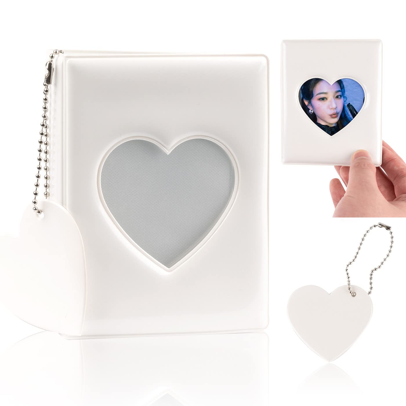 FUNUPUP 3 Inch Photocard Binder Kpop Album Kpop Photocard Holder Book Hollow Mini Photo Album with 32 Pockets (White Heart)