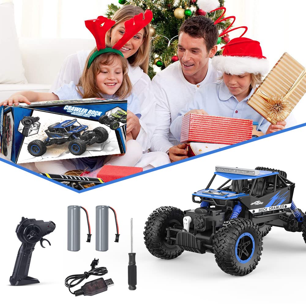 NQD 4WD Remote Control Truck - 1:16 Big Monster Stunt Car All Terrain Off-Road Hobby RC Truck 2.4Ghz with LED Headlight Rock Crawler Rechargeable Electric Toy for Boys & Girls Gifts（Blue）