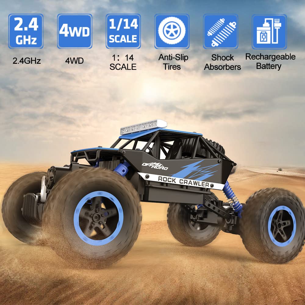 NQD 4WD Remote Control Truck - 1:16 Big Monster Stunt Car All Terrain Off-Road Hobby RC Truck 2.4Ghz with LED Headlight Rock Crawler Rechargeable Electric Toy for Boys & Girls Gifts（Blue）