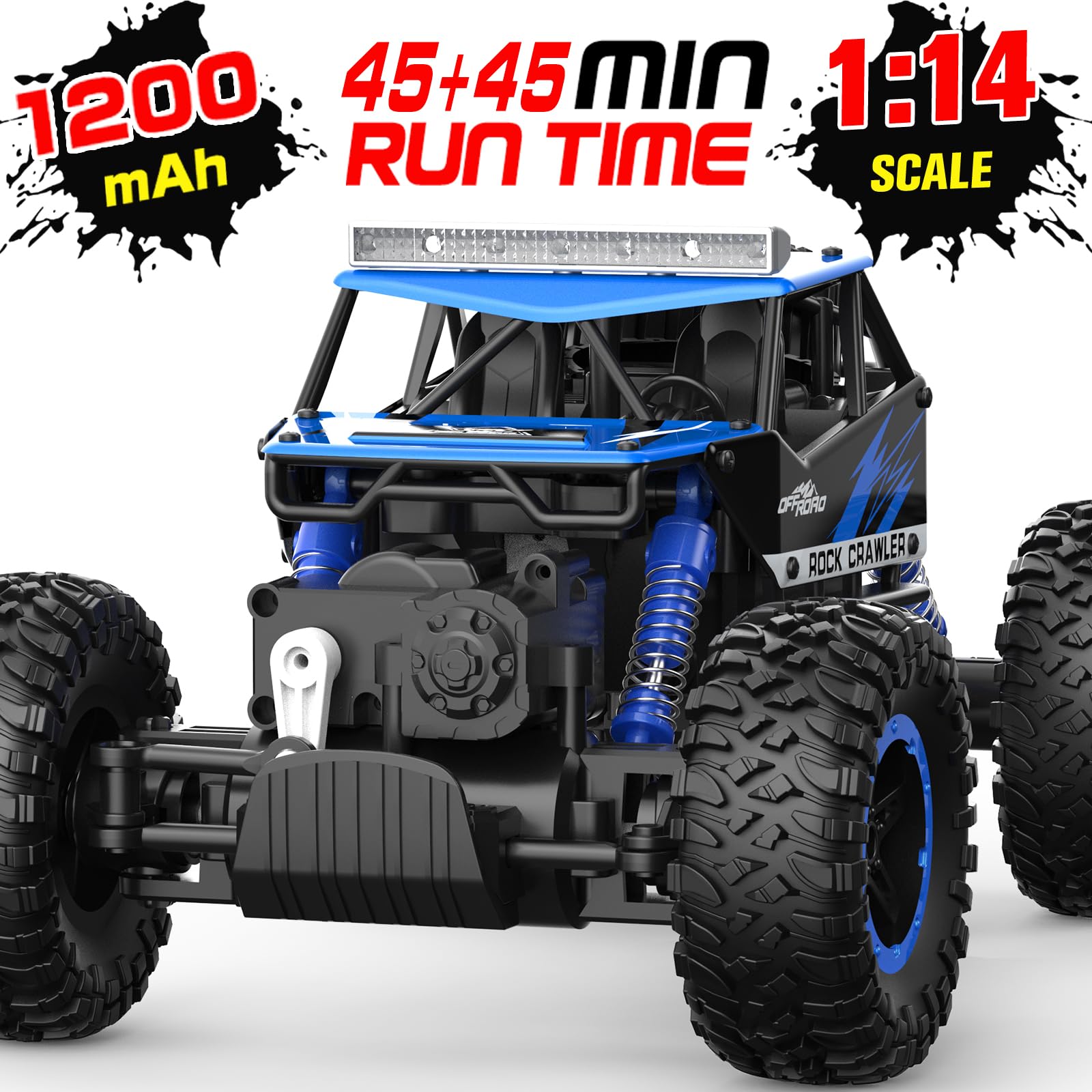 NQD 4WD Remote Control Truck - 1:16 Big Monster Stunt Car All Terrain Off-Road Hobby RC Truck 2.4Ghz with LED Headlight Rock Crawler Rechargeable Electric Toy for Boys & Girls Gifts（Blue）