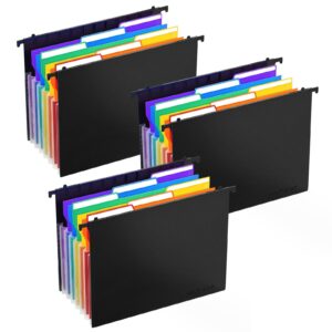 Heltrappe Plastic Expanding Hanging File Folders for Filing Cabinet,1/3-Cut Tab, 7 Pockets Accordian Dividers Folder Multi-Color Tabs, Large Capacity Hanging Organizer Letter Size (3PCS)