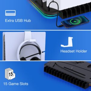 PS5 Stand, PS5 Slim Stand with Cooling Station and Controller Charging Station for PS5 Slim Console Disc/Digital, PS5 Accessories-Cooling Fan, RGB LED, Headset Holder, 15 Game Slot for Playstation 5