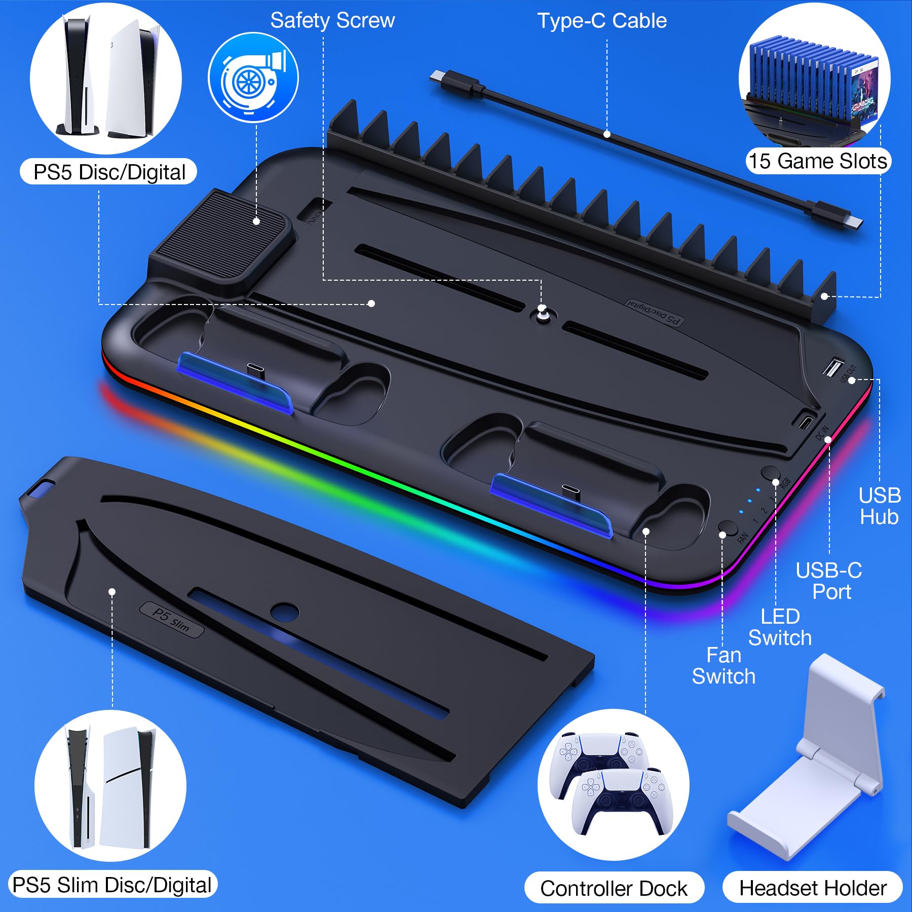 PS5 Stand, PS5 Slim Stand with Cooling Station and Controller Charging Station for PS5 Slim Console Disc/Digital, PS5 Accessories-Cooling Fan, RGB LED, Headset Holder, 15 Game Slot for Playstation 5