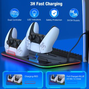 PS5 Stand, PS5 Slim Stand with Cooling Station and Controller Charging Station for PS5 Slim Console Disc/Digital, PS5 Accessories-Cooling Fan, RGB LED, Headset Holder, 15 Game Slot for Playstation 5