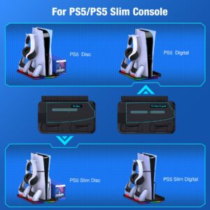 PS5 Stand, PS5 Slim Stand with Cooling Station and Controller Charging Station for PS5 Slim Console Disc/Digital, PS5 Accessories-Cooling Fan, RGB LED, Headset Holder, 15 Game Slot for Playstation 5