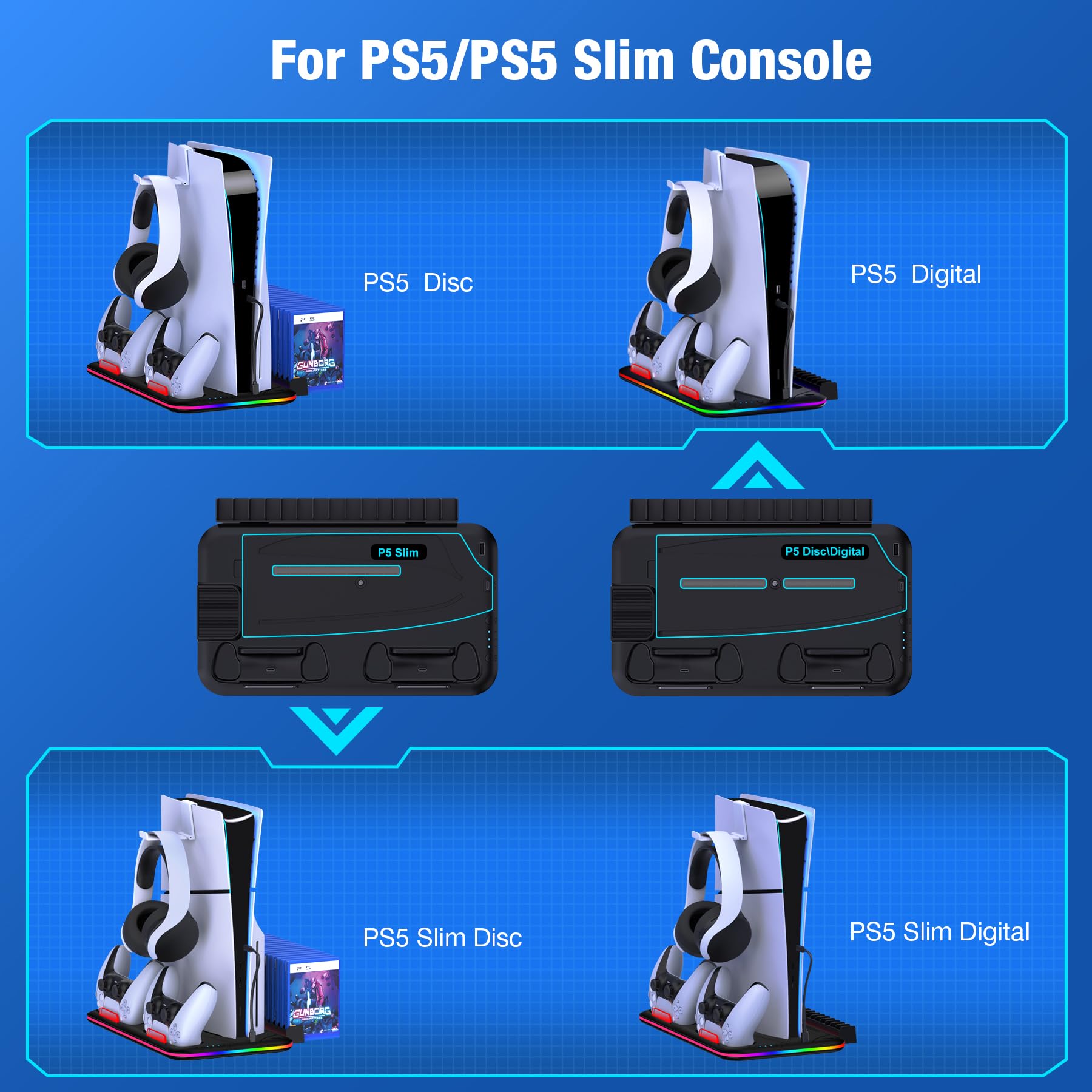 PS5 Stand, PS5 Slim Stand with Cooling Station and Controller Charging Station for PS5 Slim Console Disc/Digital, PS5 Accessories-Cooling Fan, RGB LED, Headset Holder, 15 Game Slot for Playstation 5