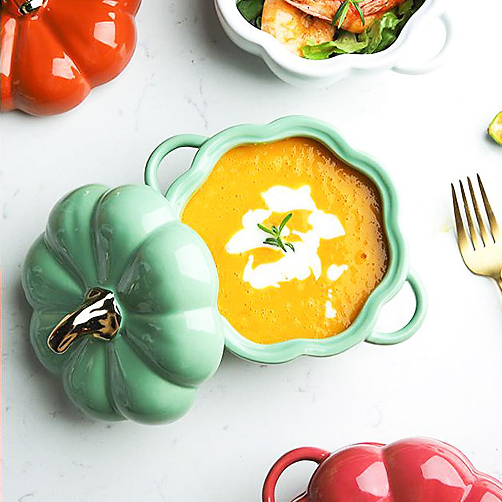 Dutch Oven Pot with Lid, Pumpkin Pottery Dessert Saucepan, Mini Baking Dish Cute Pumpkin Bowl, Covered Dutch Oven Ceramic Stockpot, Pumpkin-Shaped Casserole (Green)