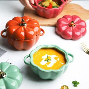 Dutch Oven Pot with Lid, Pumpkin Pottery Dessert Saucepan, Mini Baking Dish Cute Pumpkin Bowl, Covered Dutch Oven Ceramic Stockpot, Pumpkin-Shaped Casserole (Green)