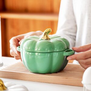 Dutch Oven Pot with Lid, Pumpkin Pottery Dessert Saucepan, Mini Baking Dish Cute Pumpkin Bowl, Covered Dutch Oven Ceramic Stockpot, Pumpkin-Shaped Casserole (Green)