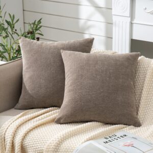 GAWAMAY Decorative Square Throw Pillow Covers Set of 2, Super Soft Chenille Farmhouse Fall Pillowcase for Living Room Bedroom Sofa Couch Home Decoration Cushion Cover Taupe Grey 55x55cm/22x22