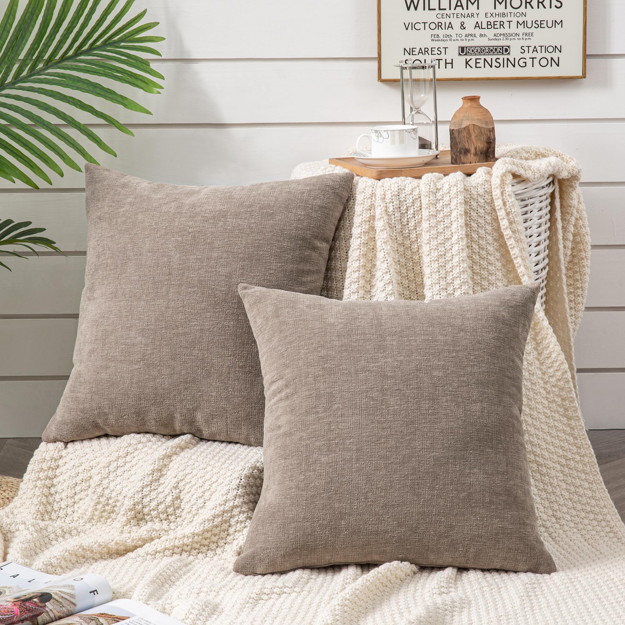 GAWAMAY Decorative Square Throw Pillow Covers Set of 2, Super Soft Chenille Farmhouse Fall Pillowcase for Living Room Bedroom Sofa Couch Home Decoration Cushion Cover Taupe Grey 55x55cm/22x22