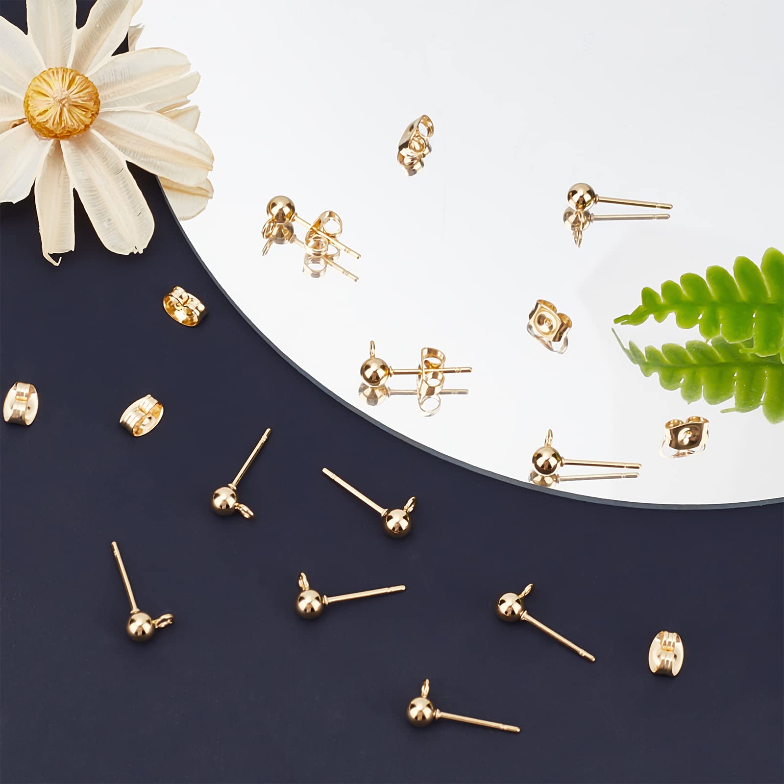 Beebeecraft 100PCS 24K Gold Plated Earring Studs with Loop Ball Post Earring Findings with 100Pcs Butterfly Ear Back for DIY Jewelry Dangle Earring Making(15x7mm, Ball: 4mm)