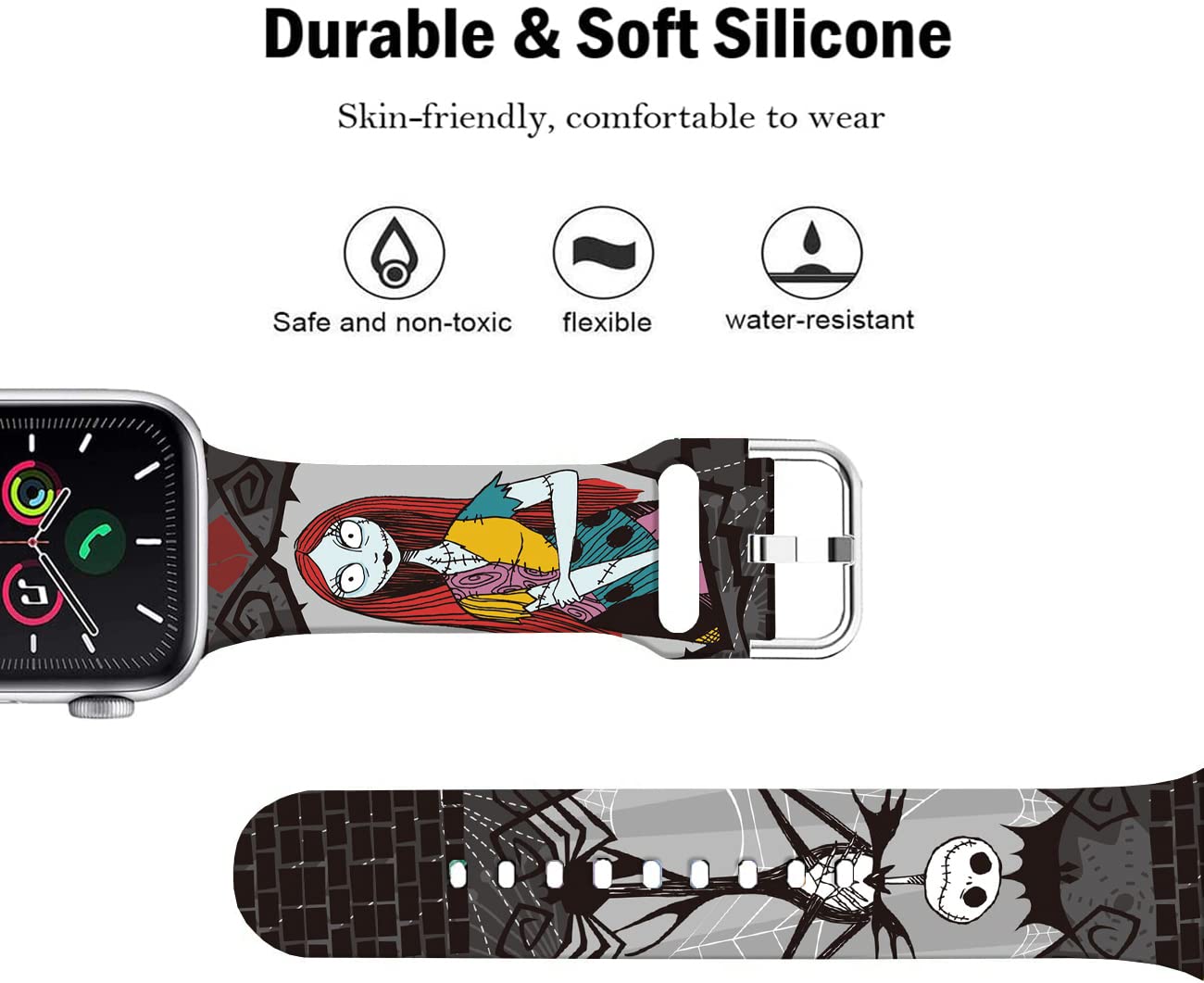 Sjiangqiao Compatible with Apple Watch Bands Halloween Sally/Jack Skellington 38mm 40mm 41mm Cartoon Band Replacement Strap Soft Silicone Chic Cartoon Design Pattern Sports Bands for iWatch Series SE 9 8 7 6 5 4 3 2 1 Men Women (Black-Halloween Jack&Sally