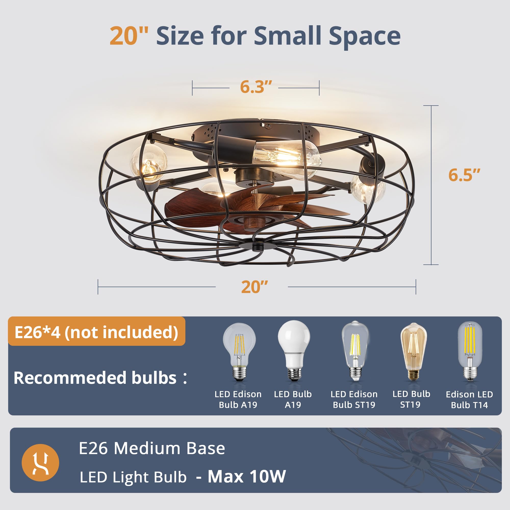 LEDIARY 20" Caged Ceiling Fans with Lights and Remote, Flush Mount Bladeless Ceiling Fan Low Profile, Small Farmhouse Industrial Enclosed Ceiling Fan with Light for Bedroom, Kitchen, Indoor