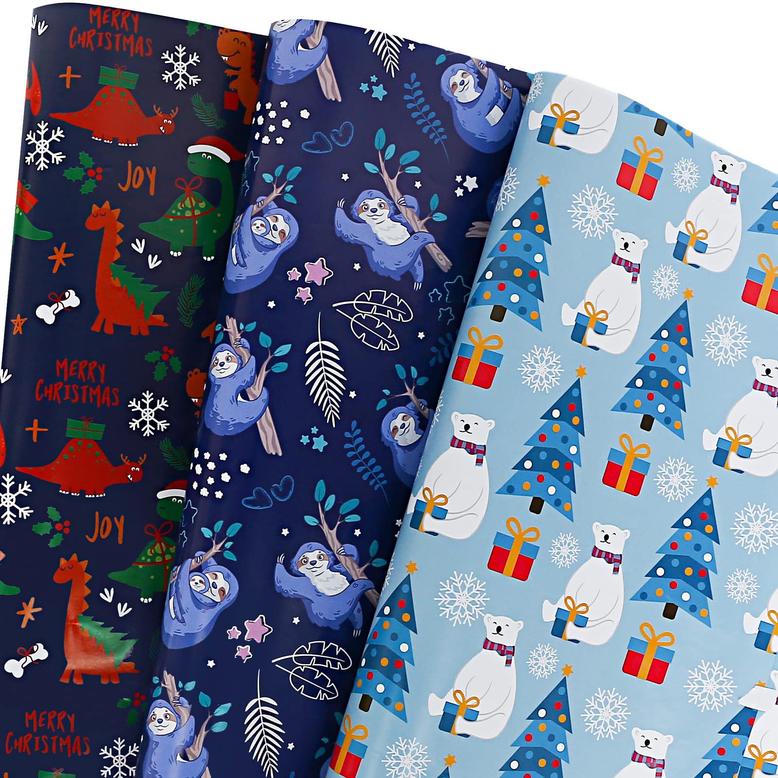 BULKYTREE Christmas Wrapping Paper for Kids Boys Girls Men Women Holiday Party - 3 Large Sheets Gift Wrap 3 Designs Sloth, Dinosaur, Polar Bear Gift - 27 Inch X 39.4 Inch Per Sheet