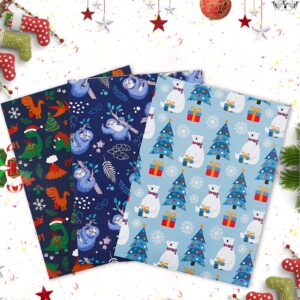 BULKYTREE Christmas Wrapping Paper for Kids Boys Girls Men Women Holiday Party - 3 Large Sheets Gift Wrap 3 Designs Sloth, Dinosaur, Polar Bear Gift - 27 Inch X 39.4 Inch Per Sheet