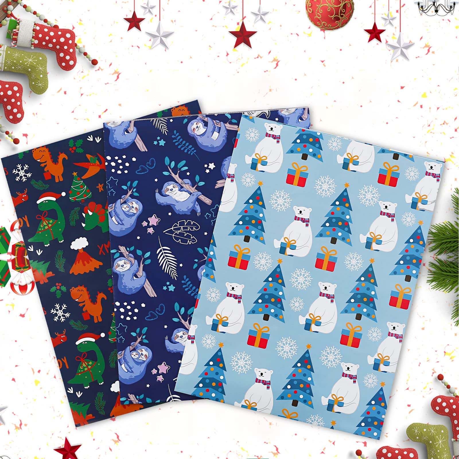 BULKYTREE Christmas Wrapping Paper for Kids Boys Girls Men Women Holiday Party - 3 Large Sheets Gift Wrap 3 Designs Sloth, Dinosaur, Polar Bear Gift - 27 Inch X 39.4 Inch Per Sheet