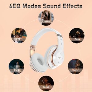 Bluetooth Headphones Over Ear, 6S Foldable Wireless Headphones with 6 EQ Modes, 40 Hours Playtime HiFi Stereo Headset with Mic, Soft Ear Pads, TF/FM for Cellphone/PC/Home (White & Gold)